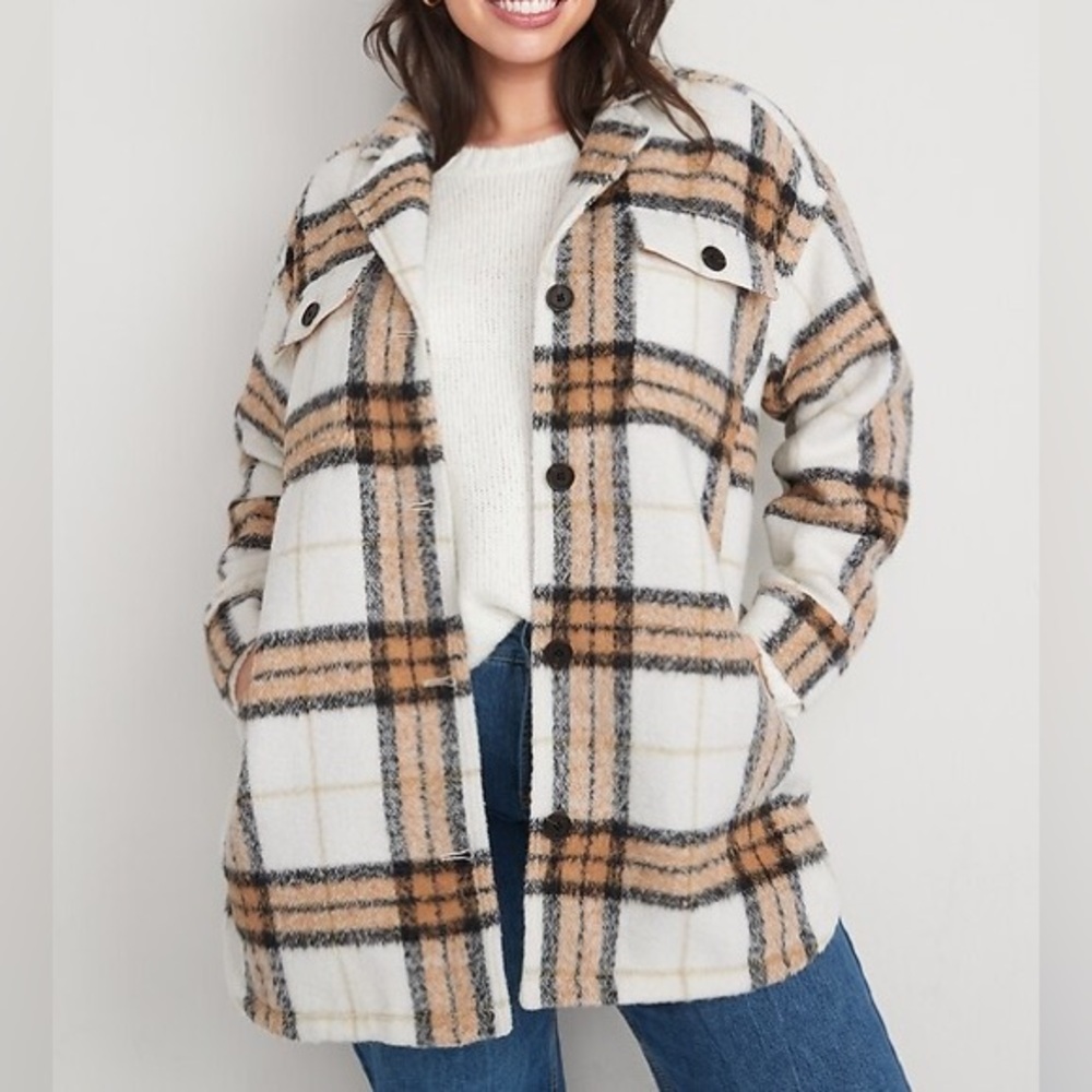 Old Navy Plaid Sherpa Jacket Petite Small Button Front Coat Tan Cream Black Warm
